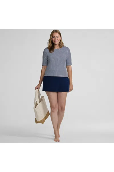 Lands' End Women's Plus Size Sunshade Upf 50 Elbow Sleeve Rash Guard Swim Tee In Blue