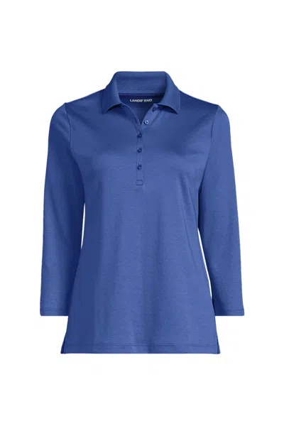 Lands' End Women's Plus Size Supima Cotton 3/4 Sleeve Polo Shirt In Blue
