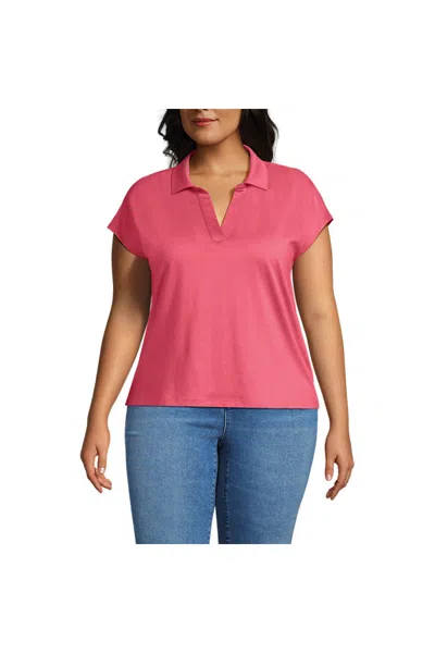Lands' End Women's Plus Size Supima Cotton Johnny Collar Polo In Red