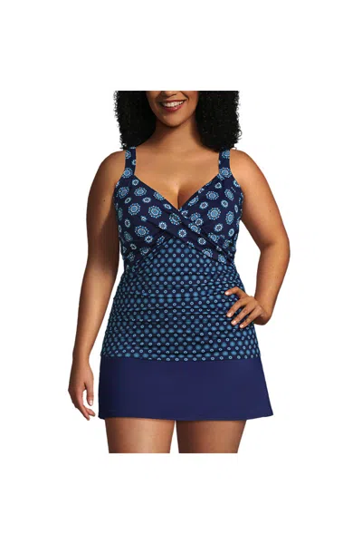 Lands' End Women's Plus Size Sweetheart Wrap Underwire Tankini Top In Blue