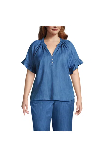 Lands' End Women's Plus Size Tencel Fibers Short Sleeve Ruffle Blouse In Blue