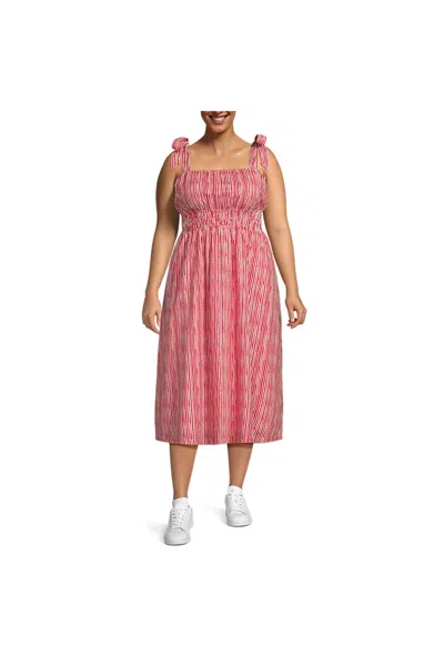 Lands' End Women's Plus Size Textured Tie Shoulder Midi Dress In Orange