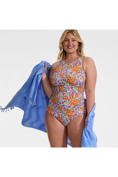 Lands' End Women's Plus Size Tugless High Neck Portrait Back One Piece Swimsuit In Blue