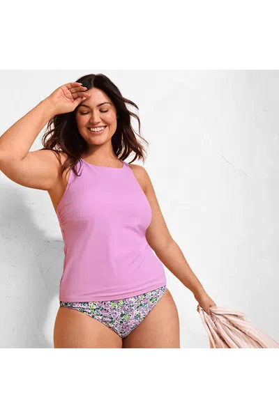 Lands' End Women's Plus Size Tugless High Neck Strappy Back Tankini Swimsuit Top In Purple