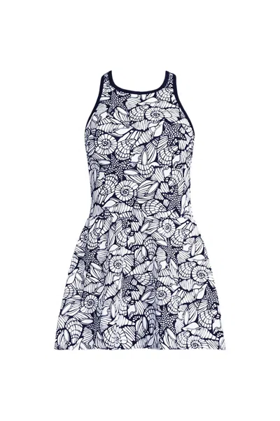 Lands' End Women's Plus Size Tugless High Neck Swim Dress Swimsuit In Blue