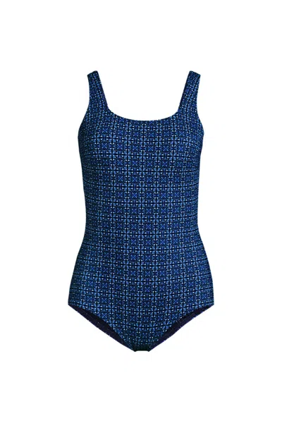 Lands' End Women's Plus Size Tugless Low Leg One Piece Swimsuit In Blue