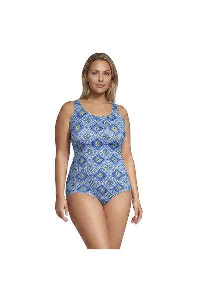 Lands' End Women's Plus Size Tugless Low Leg One Piece Swimsuit In Blue