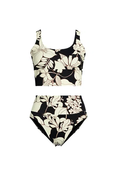 Lands' End Women's Plus Size Tugless Midkini Top And High Waisted Bottom Swimsuit Set In Black