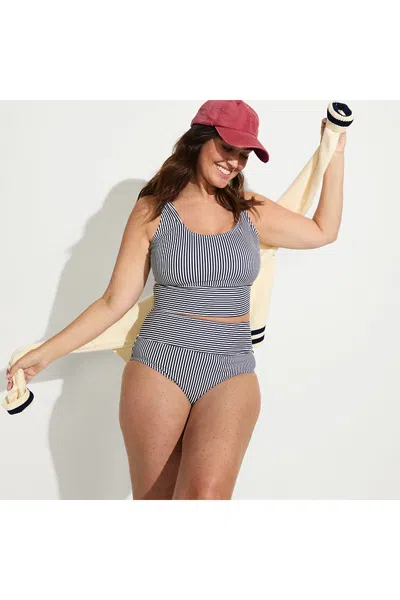 Lands' End Women's Plus Size Tugless Midkini Top And High Waisted Bottom Swimsuit Set In Blue