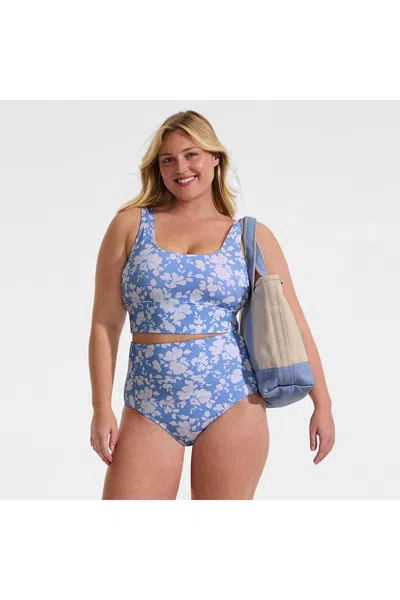 Lands' End Women's Plus Size Tugless Midkini Top And High Waisted Bottom Swimsuit Set In Blue