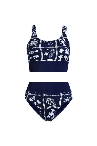 Lands' End Women's Plus Size Tugless Midkini Top And High Waisted Bottom Swimsuit Set In Blue