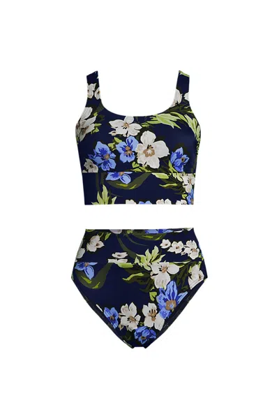 Lands' End Women's Plus Size Tugless Midkini Top And High Waisted Bottom Swimsuit Set In Blue