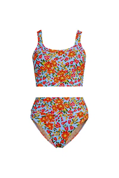 Lands' End Women's Plus Size Tugless Midkini Top And High Waisted Bottom Swimsuit Set In Blue