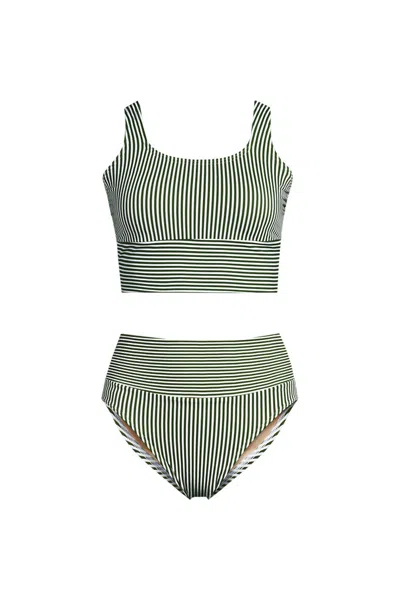 Lands' End Women's Plus Size Tugless Midkini Top And High Waisted Bottom Swimsuit Set In Green