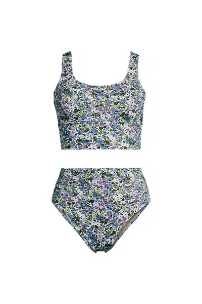 Lands' End Women's Plus Size Tugless Midkini Top And High Waisted Bottom Swimsuit Set In White
