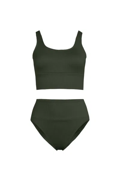 Lands' End Women's Plus Size Tugless Ribbed Midkini And High Waisted Bottom Swimsuit Set In Green