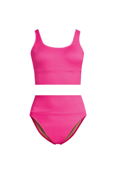 Lands' End Women's Plus Size Tugless Ribbed Midkini And High Waisted Bottom Swimsuit Set In Pink