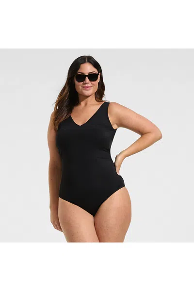 Lands' End Women's Plus Size Tugless V-neck High Leg One Piece Swimsuit In Black