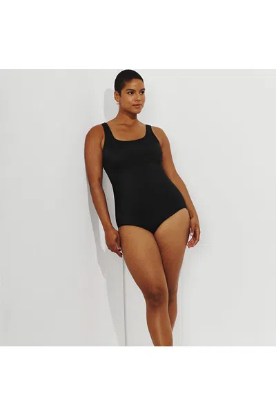 Lands' End Women's Plus Size Tummy Control Tugless Low Leg One Piece Swimsuit In Black