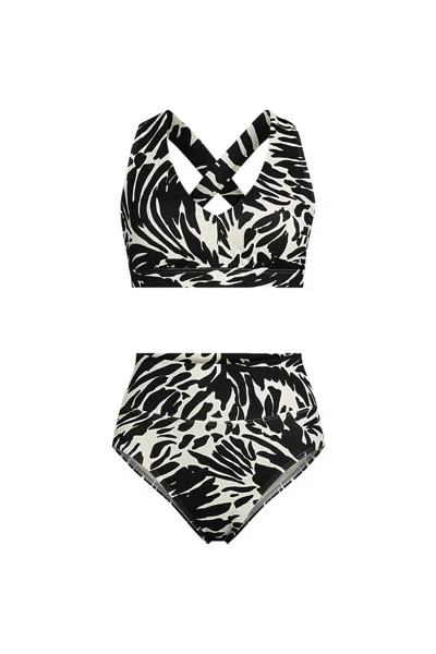 Lands' End Women's Plus Size V-neck Bikini And High Waisted Bottom Swimsuit Set In Black