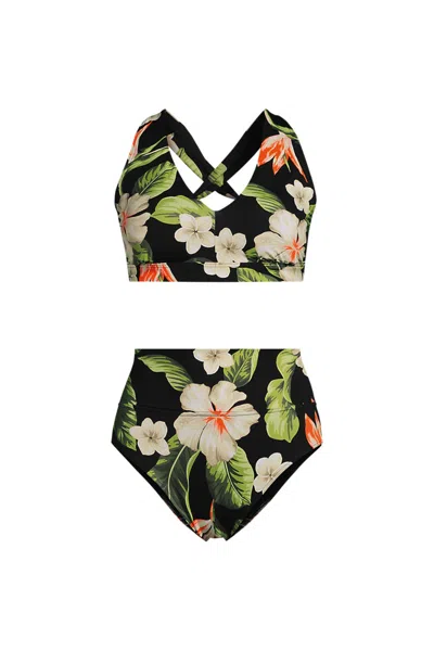 Lands' End Women's Plus Size V-neck Bikini And High Waisted Bottom Swimsuit Set In Multi