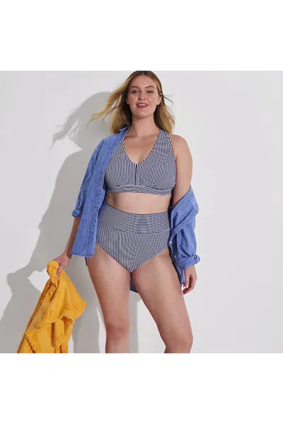 Lands' End Women's Plus Size V-neck Bikini And High Waisted Bottom Swimsuit Set In Blue