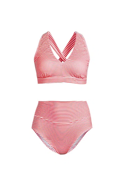 Lands' End Women's Plus Size V-neck Bikini And High Waisted Bottom Swimsuit Set In Pink