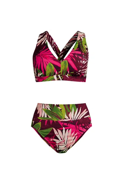 Lands' End Women's Plus Size V-neck Bikini And High Waisted Bottom Swimsuit Set In Multi