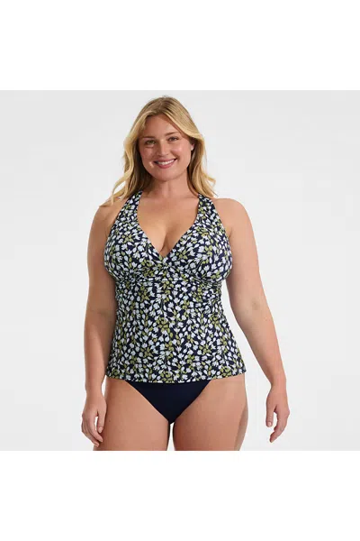 Lands' End Women's Plus Size V-neck Plunge X Back Tankini Top In Blue