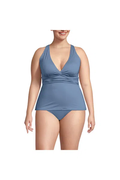 Lands' End Women's Plus Size V-neck Plunge X Back Tankini Top In Blue