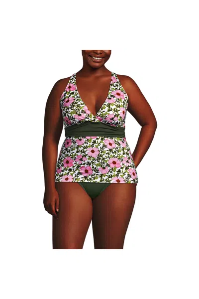 Lands' End Women's Plus Size V-neck Plunge X Back Tankini Top In Multi