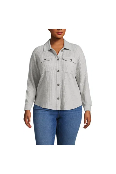 Lands' End Women's Plus Size Waffle Relaxed Long Sleeve Shirt Jacket In Gray