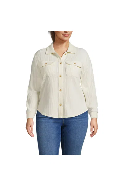 Lands' End Women's Plus Size Waffle Relaxed Long Sleeve Shirt Jacket In White