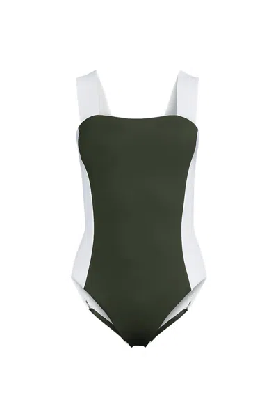 Lands' End Plus Size  Square Neck High Leg One Piece Swimsuit In Rich Olive Green/white