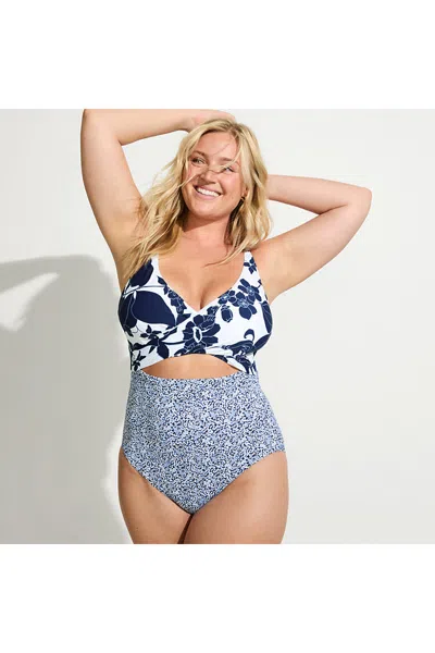 Lands' End Women's Plus Size Wrap Monokini High Leg One Piece Swimsuit In White