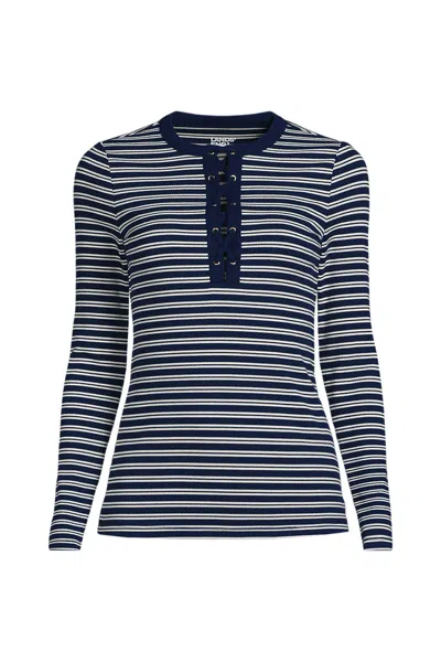 Lands' End Women's Polished Rib Tie Henley Top In Blue
