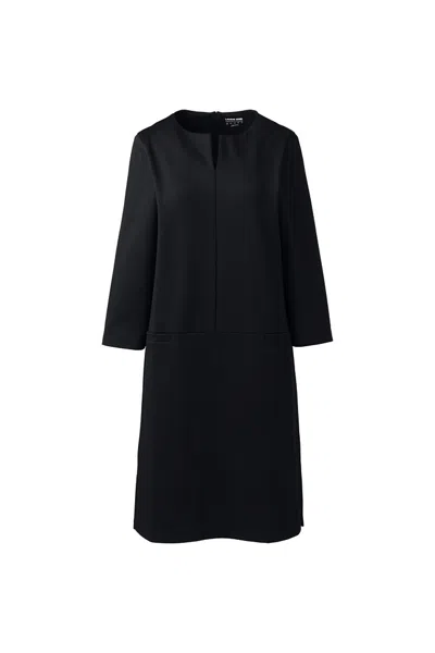 Lands' End Women's Ponte 3/4 Sleeve Split Neck Shift Dress In Black