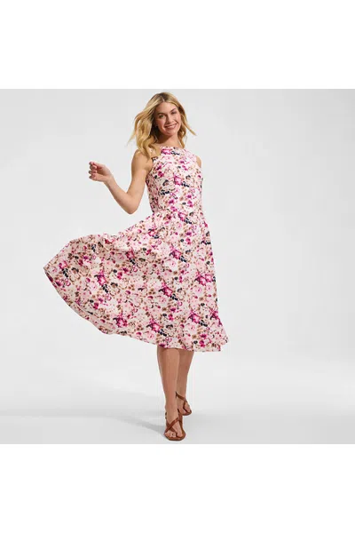 Lands' End Women's Poplin Boatneck Midi Dress In Pink