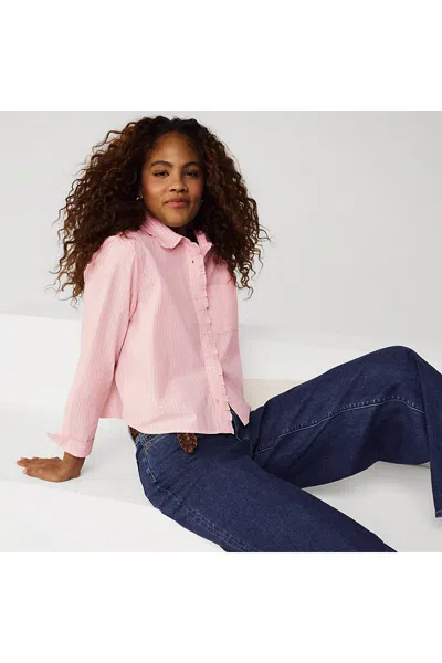 Lands' End Women's Poplin Cropped Shirt With Ruffles In Pink
