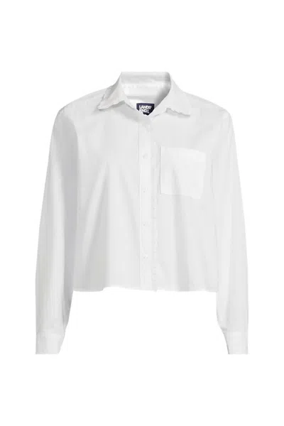 Lands' End Women's Poplin Cropped Shirt With Ruffles In White