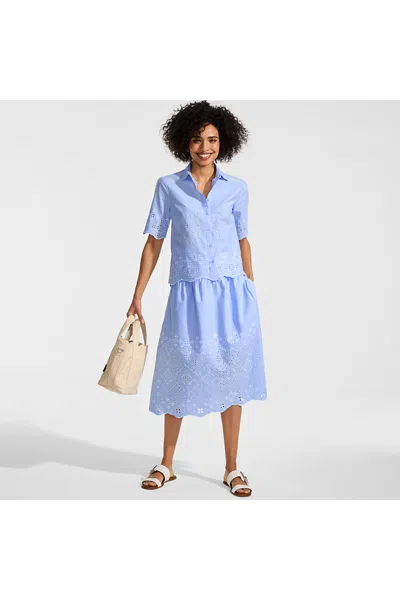 Lands' End Women's Poplin Drop Waist Embroidered Eyelet Midi Skirt In Blue