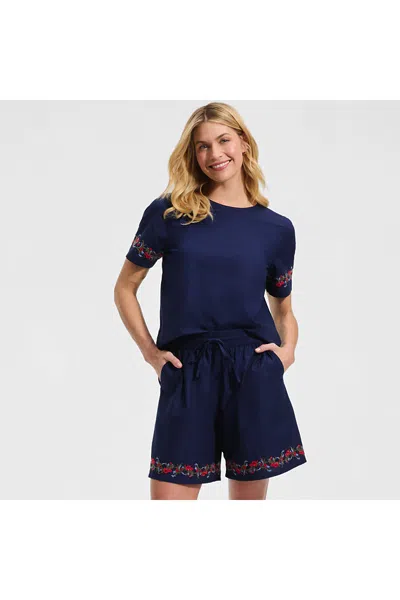 Lands' End Women's Poplin Embroidered High Rise 7" Pull On Shorts In Blue