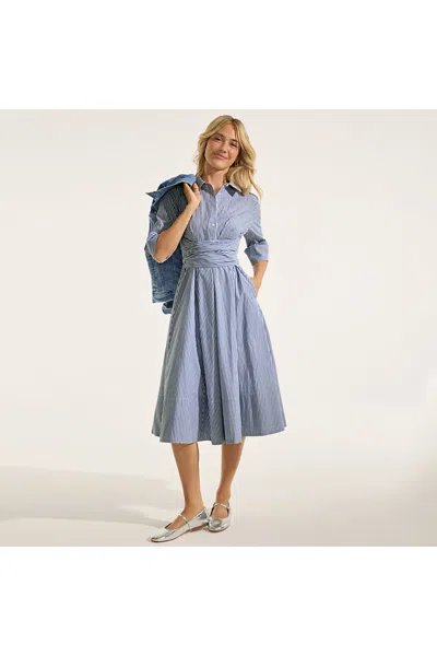 Lands' End Women's Poplin Midi Wrap Front Dress In Blue