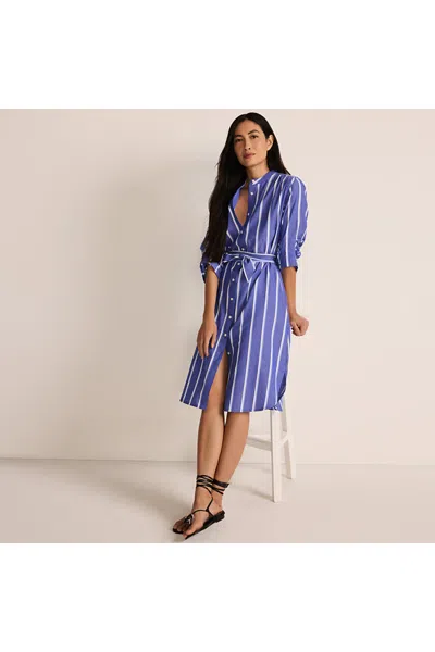 Lands' End Women's Poplin Oversized Puff Sleeve Midi Shirt Dress In Blue