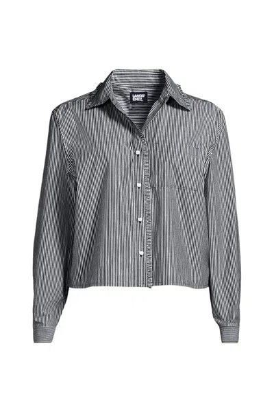 Lands' End Women's Poplin Ruffle Button Front Cropped Shirt In Gray
