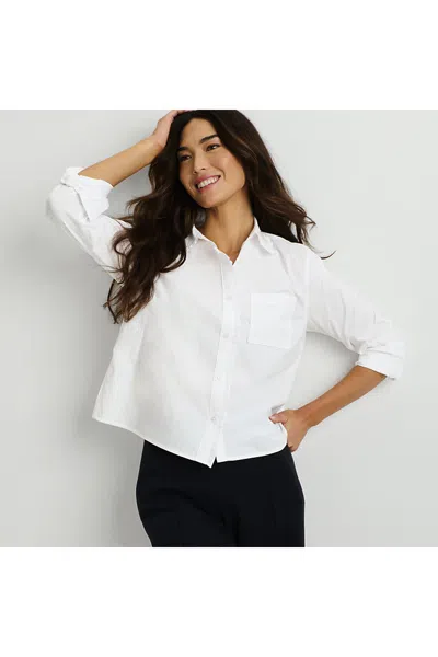Lands' End Women's Poplin Ruffle Button Front Cropped Shirt In White