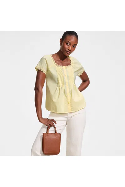 Lands' End Women's Poplin Short Sleeve Pintuck Blouse In Yellow