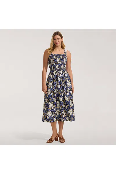 Lands' End Women's Poplin Smocked Bodice Midi Dress In Blue