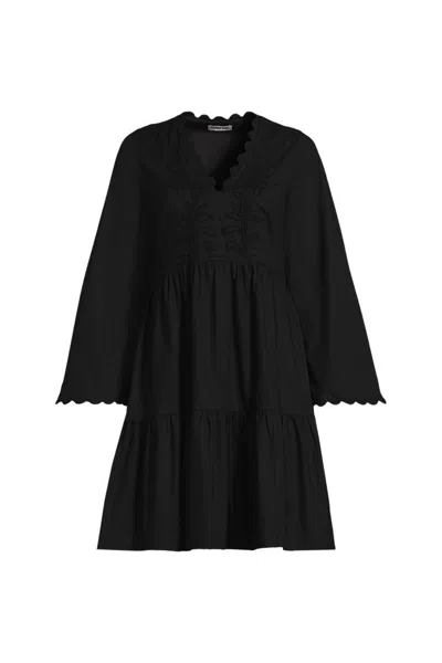 Lands' End Poplin V Neck Embroidered Dress In Black