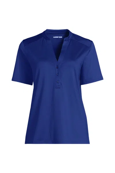 Lands' End Women's Rapid Dry Short Sleeve V-neck Henley Shirt In Blue